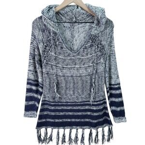 Women's Knit Cowl Neck Sweater Gray Blue Striped Fringe Hem Boho Long Sleeve L